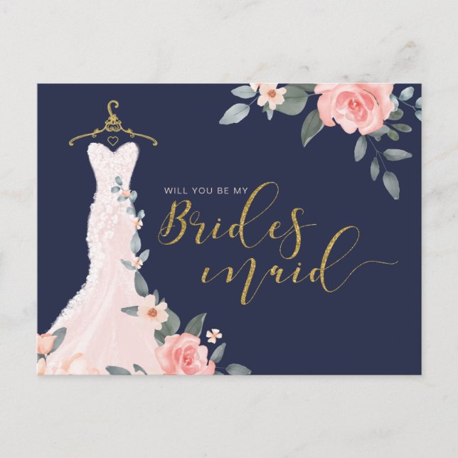 Invitation Carte Postale Robe de mariée fleurie : serez-vous demoiselle d'h (Devant)