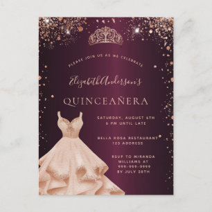 Invitation Carte Postale Robe de Quinceanera bordeaux rose gold paillettes