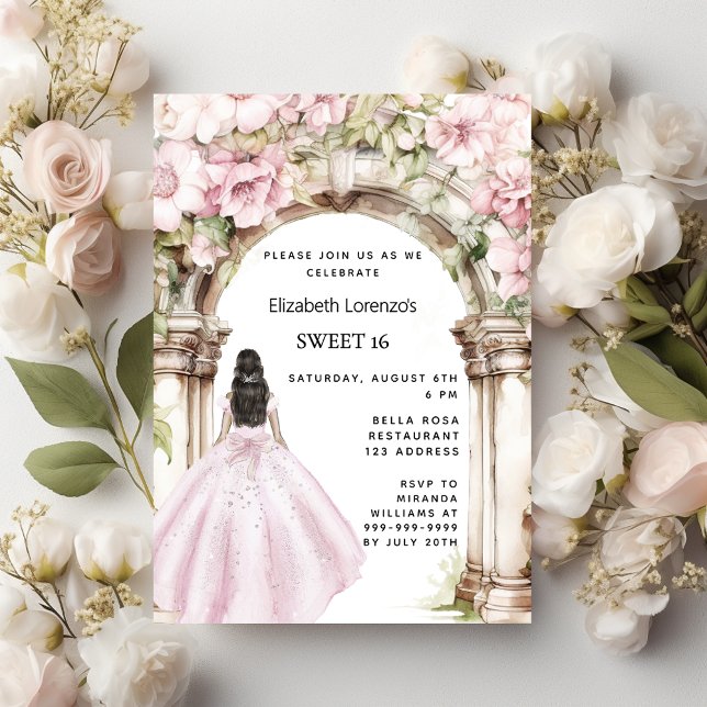 Invitation Carte Postale Robe en arc de fleurs roses Sweet 16 (Créateur téléchargé)