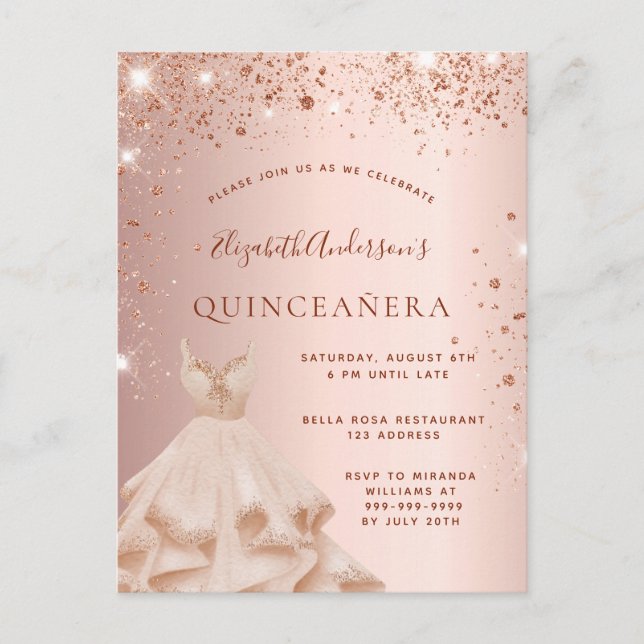 Invitation Carte Postale Robe pétillante parties scintillant or rose Quince (Devant)