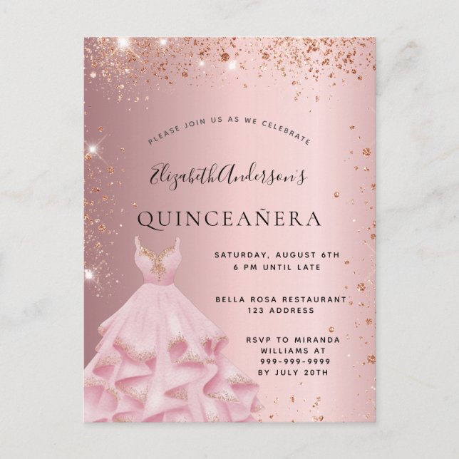 Invitation Carte Postale Robe rose rose rose pâle de Quinceanera (Devant)