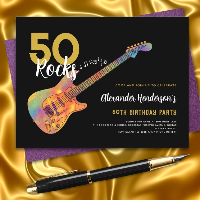 Invitation Carte Postale Rock and Roll 50e fête d'anniversaire 50 Rocks (50 rocks gold and black funky guitar music 50th birthday party invitation postcard)