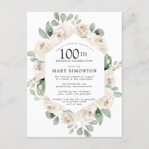 Invitation Carte Postale Rose blanche Floral Eucalyptus 100e fête d'anniver