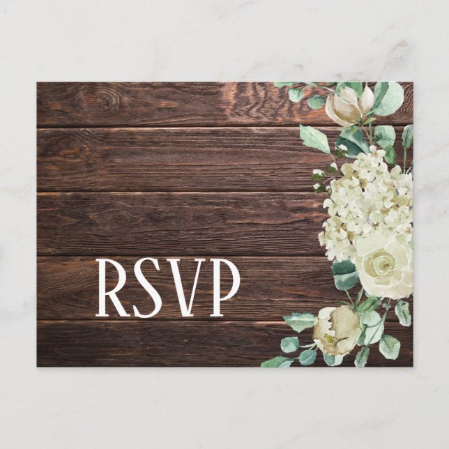 Invitation Carte Postale Rose blanche hydrangea floral bois foncé mariage r (Devant)