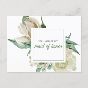 Invitation Carte Postale Rose crème Vert aquarelle Florale Maid of Honor