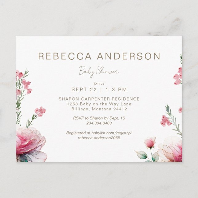 Invitation Carte Postale Rose dans le Baby shower en fleurs (Devant)