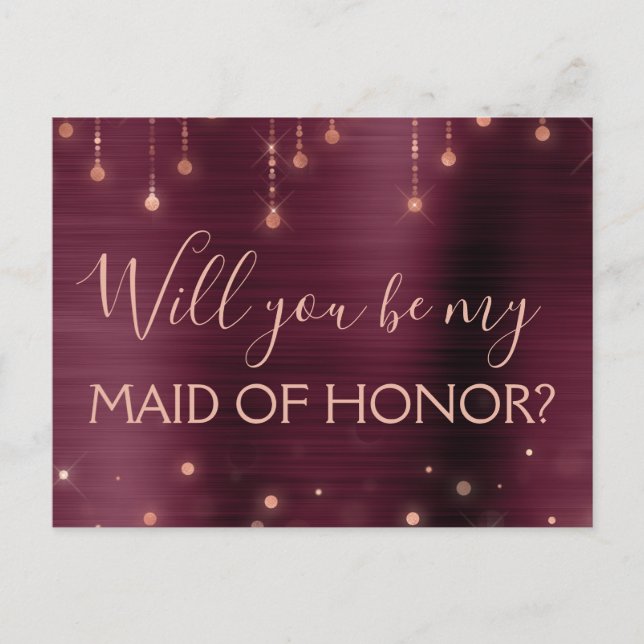 Invitation Carte Postale Rose de Bourgogne Gold Sparkle Maid of Honor (Devant)