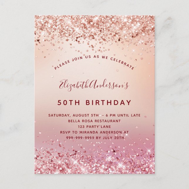 Invitation Carte Postale Rose de fête d'anniversaire or rose parties scinti (Devant)