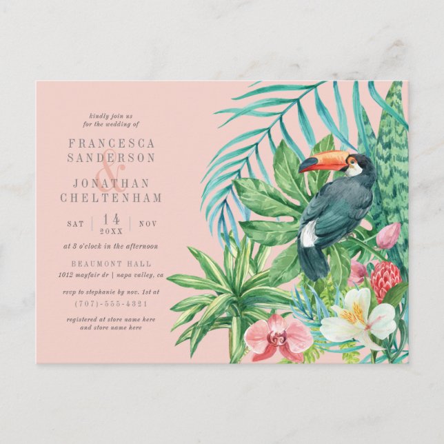 Invitation Carte Postale Rose et Feuille Tropical Mariage moderne (Devant)