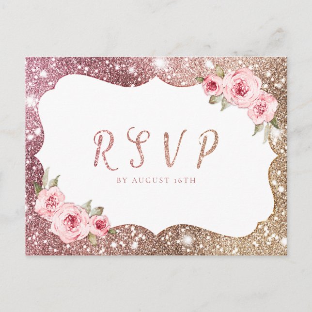 Invitation Carte Postale Rose étincelant parties scintillant or mariage flo (Devant)