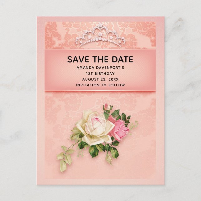 Invitation Carte Postale Rose floral & Diamond Tiara Princess Enregistrer l (Devant)