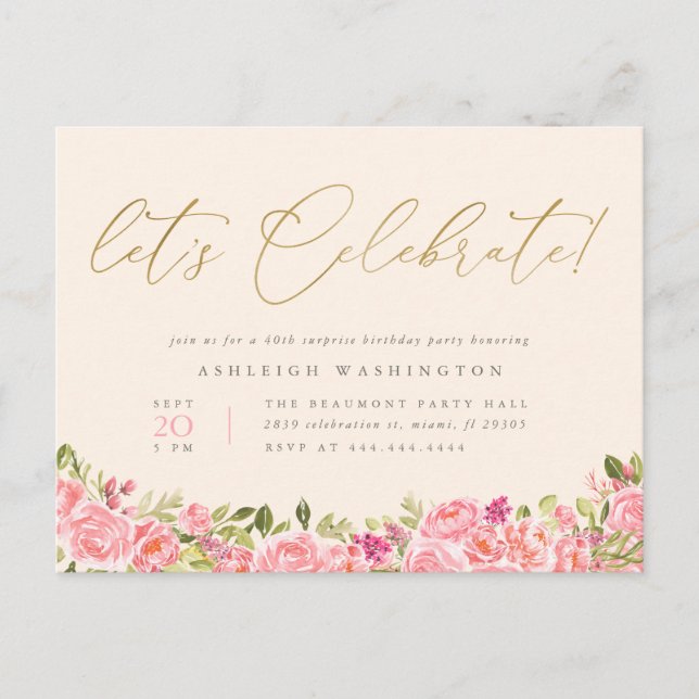 Invitation Carte Postale Rose Floral Gold Fêtons l'anniversaire surprenant (Devant)