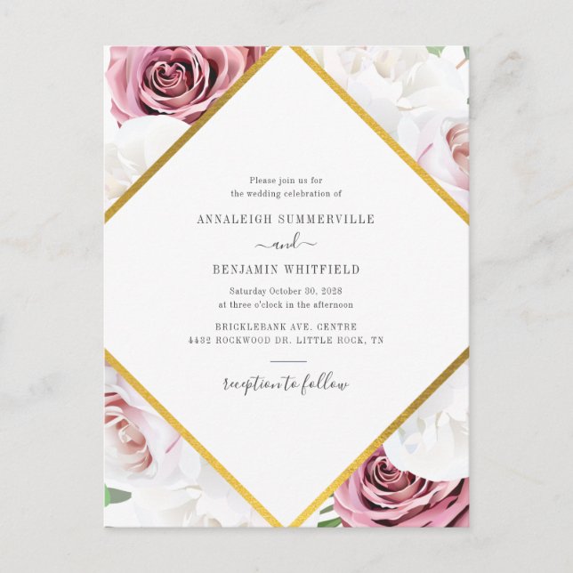Invitation Carte Postale Rose géométrique floral Mariage botanique or (Devant)
