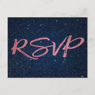 Invitation Carte Postale Rose Gold Foil et bleu marine RSVP Mariage