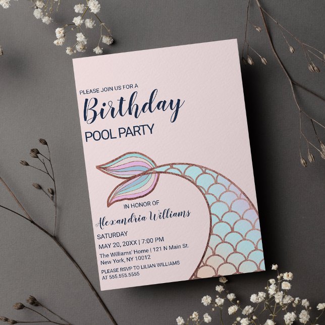 Invitation Carte Postale Rose Gold Girly Pink Mermaid Tail Pool Anniversair (Rose Gold Girly Pink Mermaid Tail Pool Birthday )