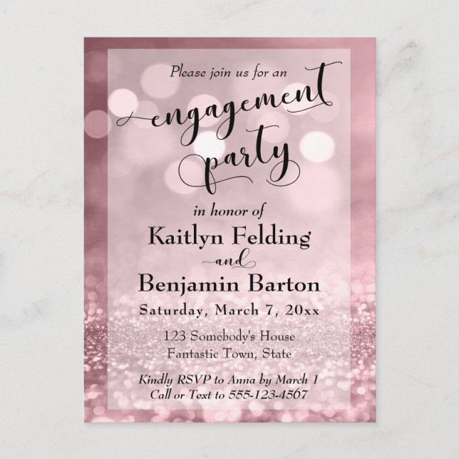 Invitation Carte Postale Rose Gold Parties scintillant Bokeh (Devant)
