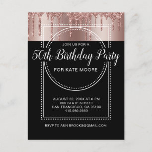 Invitation Carte Postale Rose Gold Parties scintillant Drip Noir 50e annive