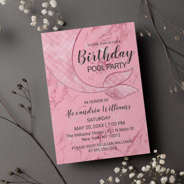 Invitation Carte Postale Rose Gold rose Mermaid Tail Pool Marbre Anniversai (Rose Gold Pink Mermaid Tail Pool Marble Birthday )