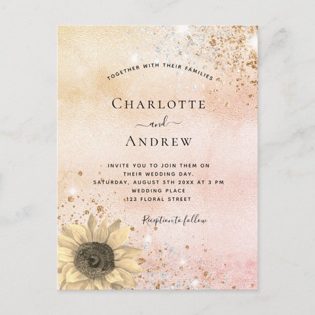 Invitation Carte Postale rose mariage or rustique tournesol parties scintil (Devant)