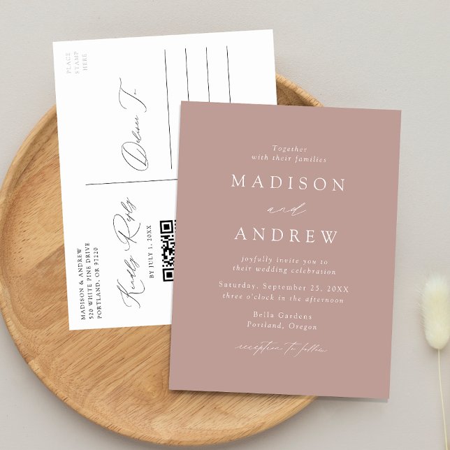 Invitation Carte Postale Rose moderne élégant Dusty Mariage de code QR (Créateur téléchargé)