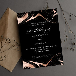 Invitation Carte Postale Rose noir marbre or mariage moderne