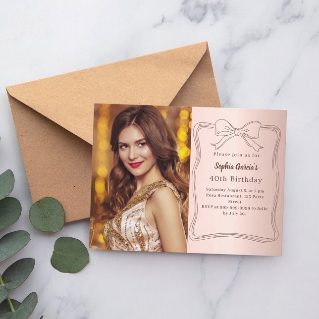 Invitation Carte Postale Rose or dessiné à la main photo anniversaire (Créateur téléchargé)