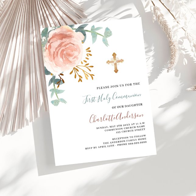 Invitation Carte Postale Rose or verdure croix première communion sainte (Créateur téléchargé)