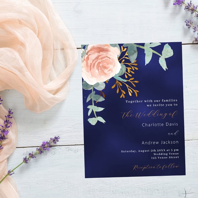 Invitation Carte Postale Rose or vert bleu marine mariage (Créateur téléchargé)