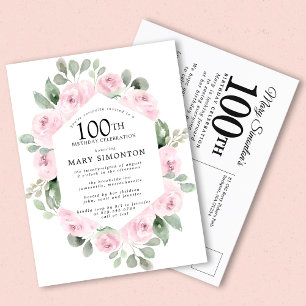 Invitation Carte Postale Rose rose floral eucalyptus 100e anniversaire
