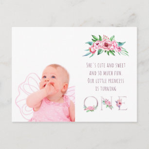 Invitation Carte Postale Rose rose mignonne or Floral Premier anniversaire 