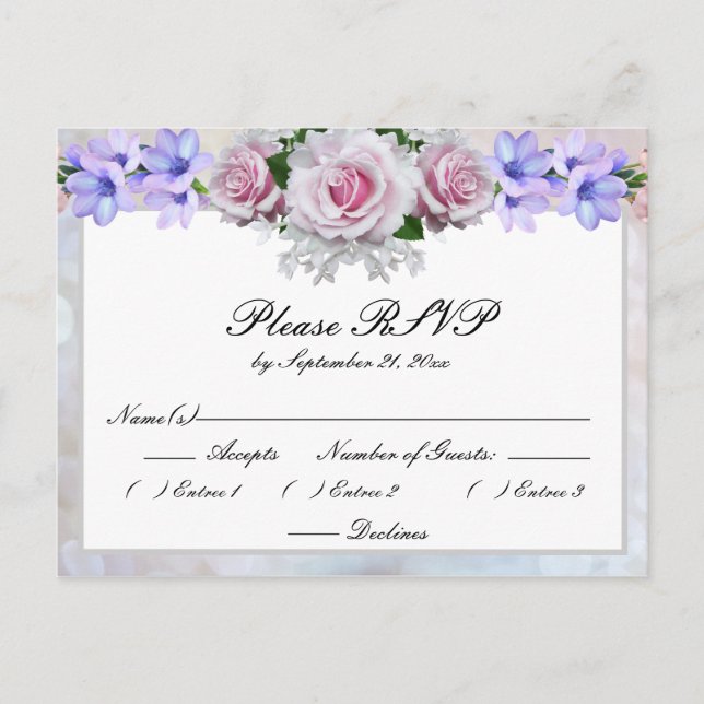 Invitation Carte Postale Rose rose | Réponse de mariage Bokeh argent (Devant)