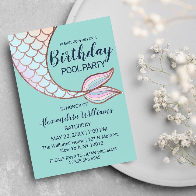 Invitation Carte Postale Rose turquoise Gold Rose Mermaid Piscine à voile A (Teal Rose Gold Pink Mermaid Tail Pool Birthday Invitation Postcard )