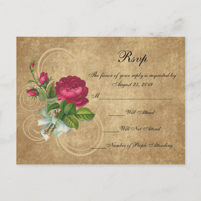 Invitation Carte Postale Rose Vintage élégant, Magenta/Brown (Devant)