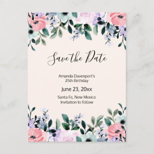 Invitation Carte Postale Rose violet vert Aquarelle Floral Enregistrer la d
