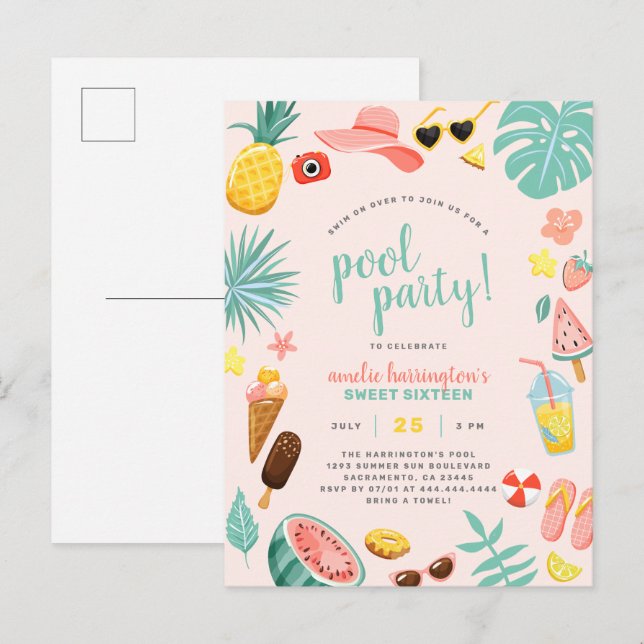 Invitation Carte Postale Rose | Watermelon Pineappon Tropical Pool Party (Devant / Derrière)