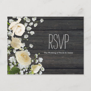 Invitation Carte Postale Roses blanches et gypsophile sur bois RSVP