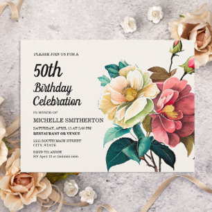Invitation Carte Postale Roses Rouges Blanches 50e Anniversaire Femme
