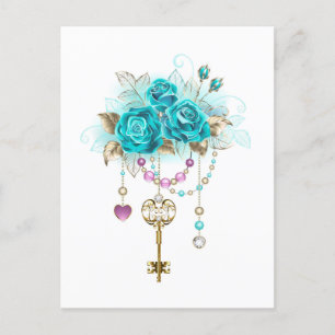 Invitation Carte Postale Roses turquoise avec touches