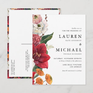 Invitation Carte Postale Rouge Amaryllis et automne Floral QR Code Mariage