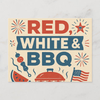Invitation Carte Postale rouge, blanc et barbecue