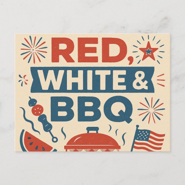 Invitation Carte Postale rouge, blanc et barbecue (Devant)