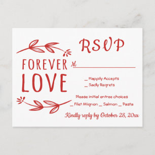 Invitation Carte Postale Rouge & Blanc RSVP Laurier Feuilles Mariage Fête