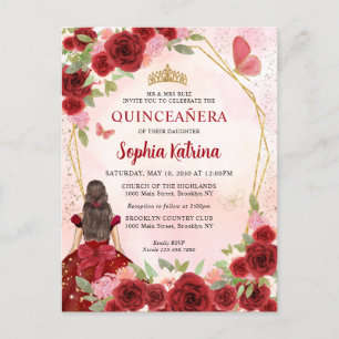 Invitation Carte Postale Rouge Bourgogne Glam Or Floral Princesse Quinceañe