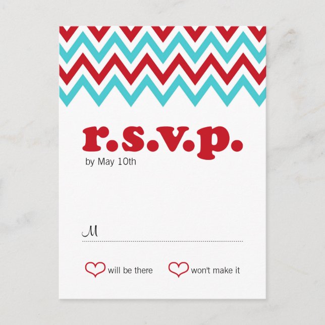 Invitation Carte Postale Rouge moderne et Aqua Chevron & Lovebirds RSVP (Devant)