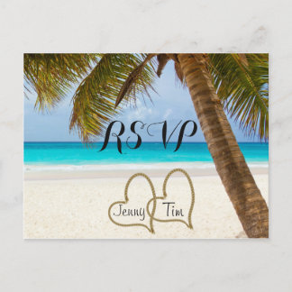 Invitation Carte Postale RSVP amour de plage coeurs de mariage palmier sabl