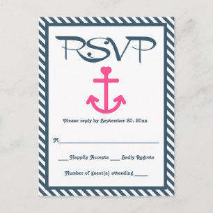 Invitation Carte Postale RSVP Ancre rose marine Mariage à bande bleue