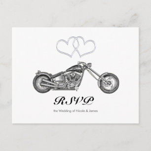 Invitation Carte Postale RSVP au mariage motard coeurs argentés et moto