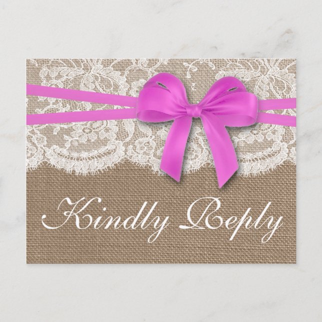 Invitation Carte Postale RSVP, collection de Mariages Rustic Pink Bow (Devant)