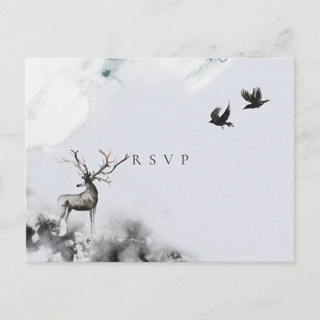 Invitation Carte Postale RSVP de mariage Forêt Enchantée Cerf Lune (Devant)