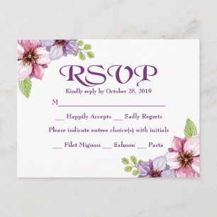 Invitation Carte Postale RSVP Mariage floral d'aquarelle pourpre